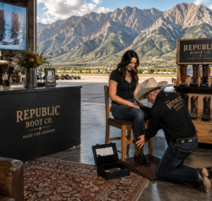 Scottsdale custom boot experience inside private jet hangar; Republic Boot Company custom fitting at Scottsdale incentive event; luxury Presidents Club custom boot experience in Scottsdale; incentive guests designing custom cowboy boots beside private jet; Made For Legends custom boot experience at Scottsdale corporate event; luxury experiential corporate gifting inside Scottsdale aviation hangar.