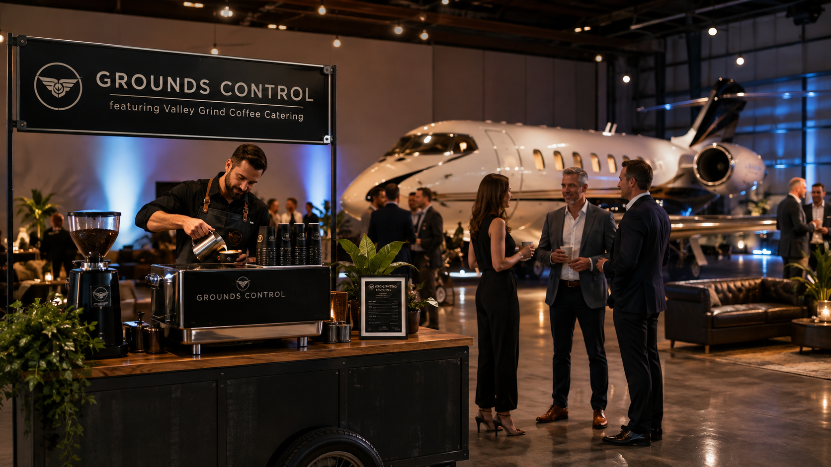 Grounds Control coffee catering at Scottsdale airplane hangar corporate event