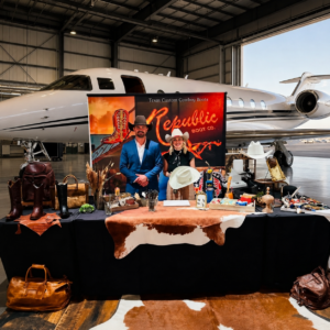 For the jet + Republic display image, add: private jet event, luxury aviation experience, jet hangar activation, Republic Boot Company pop up, custom boot display, VIP jet hangar experience.